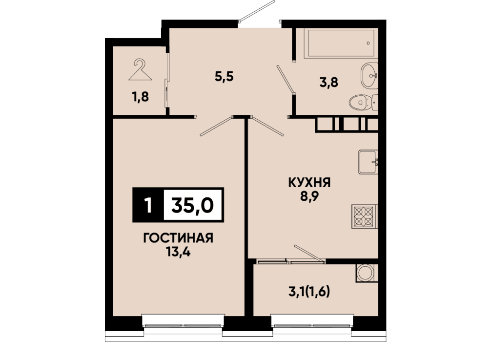 1 комнатная квартира 35 кв.м