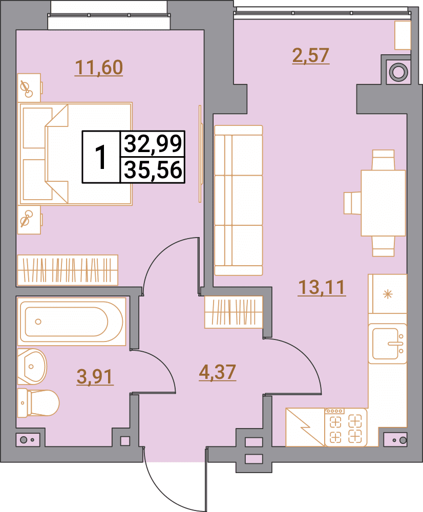 1 комнатная квартира 35,56 кв.м