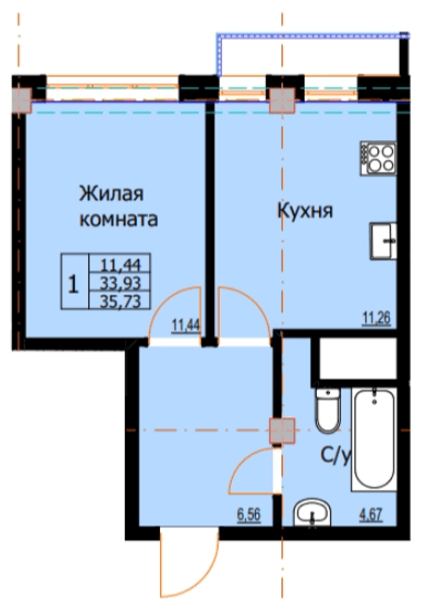1 комнатная квартира, 35,73 кв.м.