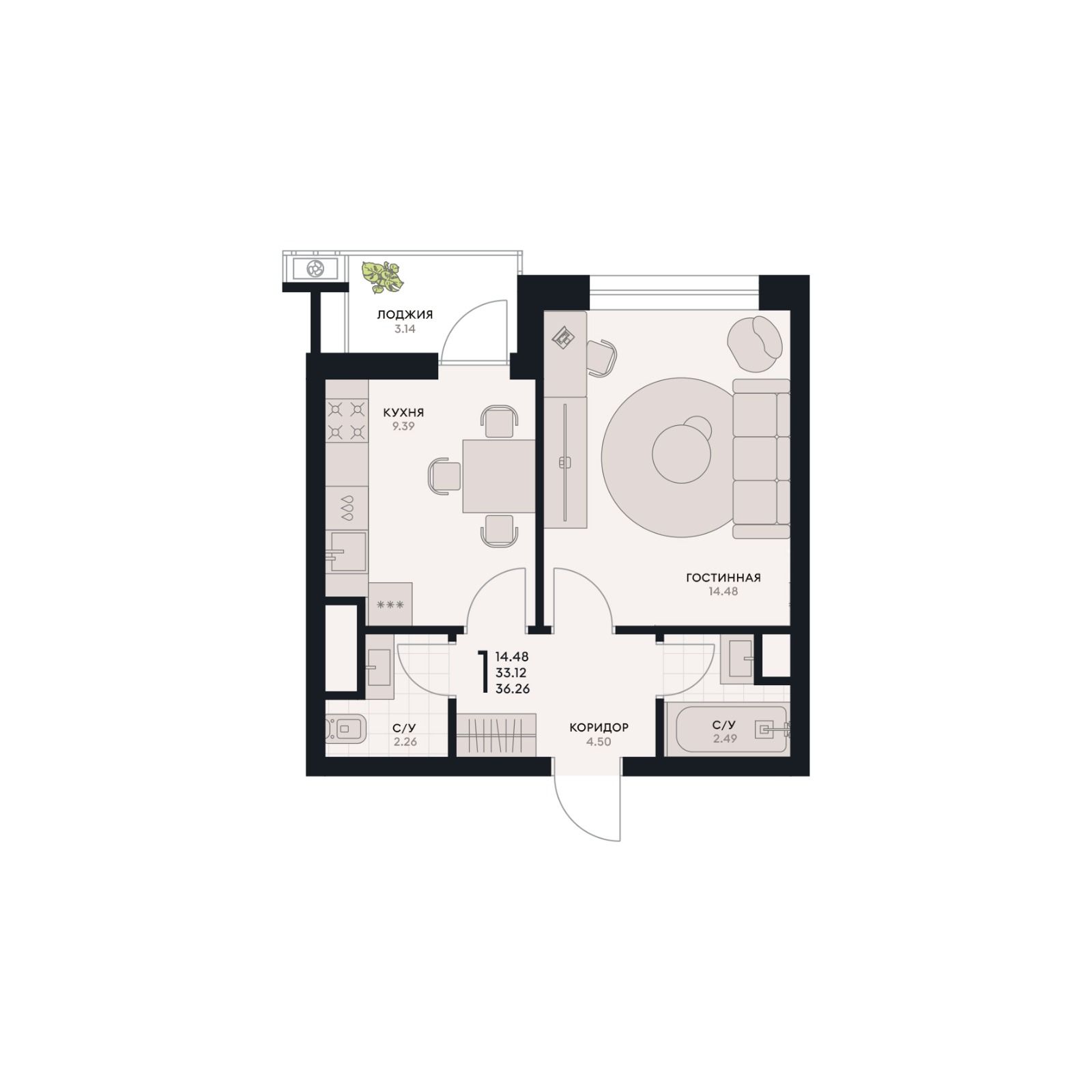 1 комнатная квартира, 36,26 кв.м.