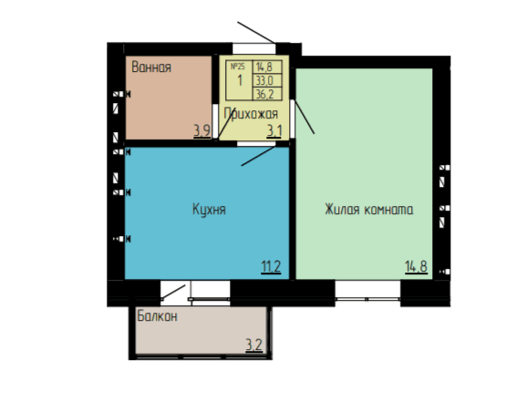 1 комнатная квартира, 36,2 кв.м