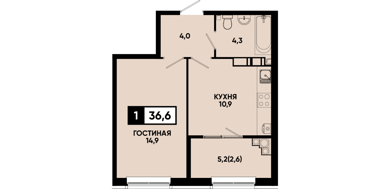 1 комнатная квартира 36,6 кв.м