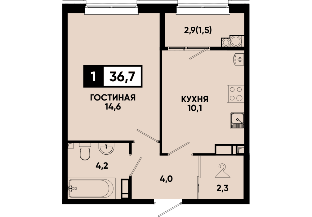 1 комнатная квартира 36,7 кв.м