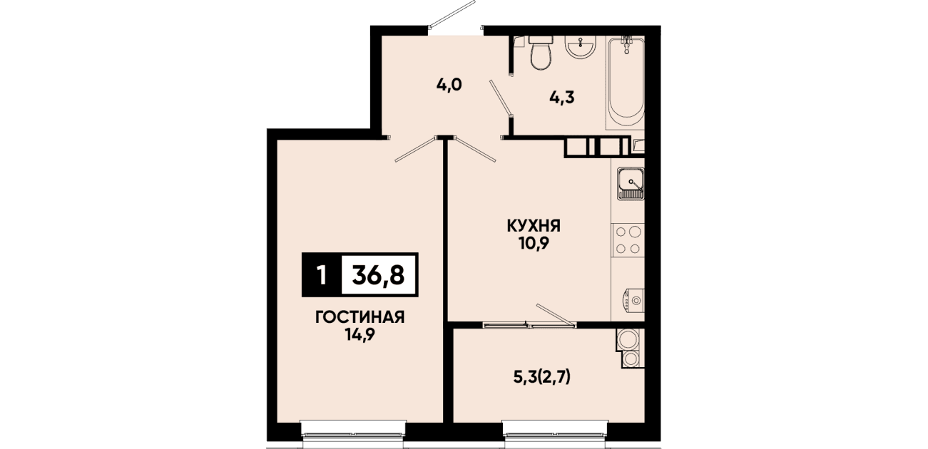 1 комнатная квартира 36,8 кв.м