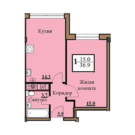 1 комнатная квартира 36,9 кв.м