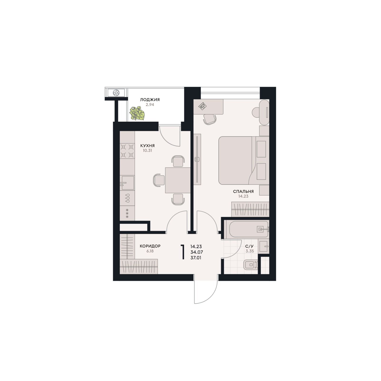1 комнатная квартира, 37,01 кв.м.