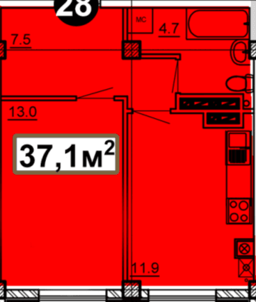 1 комнатная квартира, 37,1 кв.м.