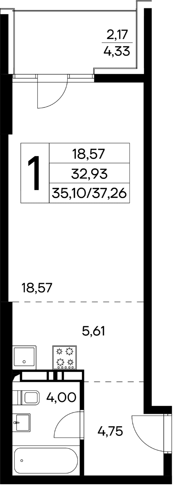 1 комнатная квартира,  37,26 кв.м