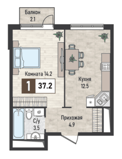1 к. квартира, 37,2 кв.м.