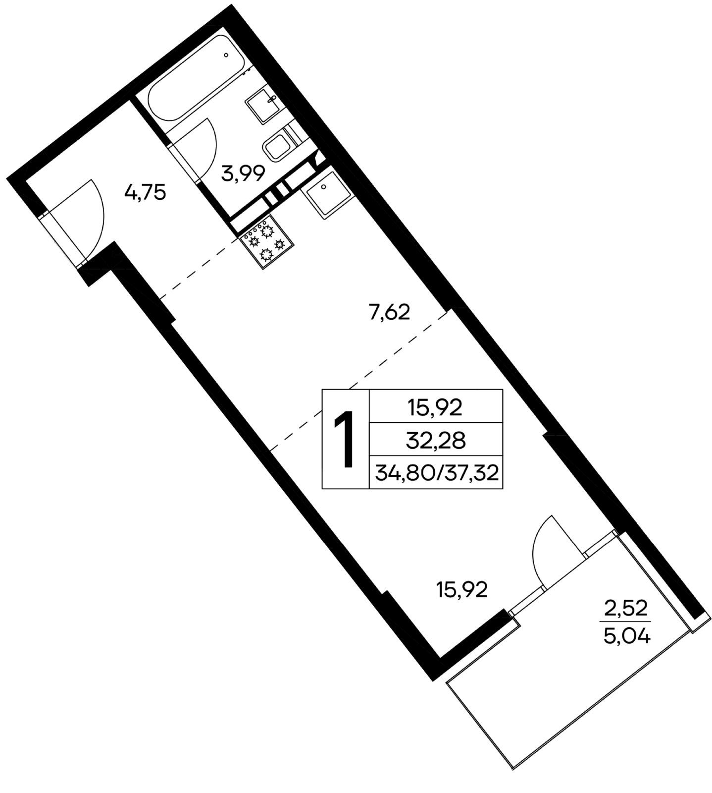 1 комнатная квартира,  37,32 кв.м