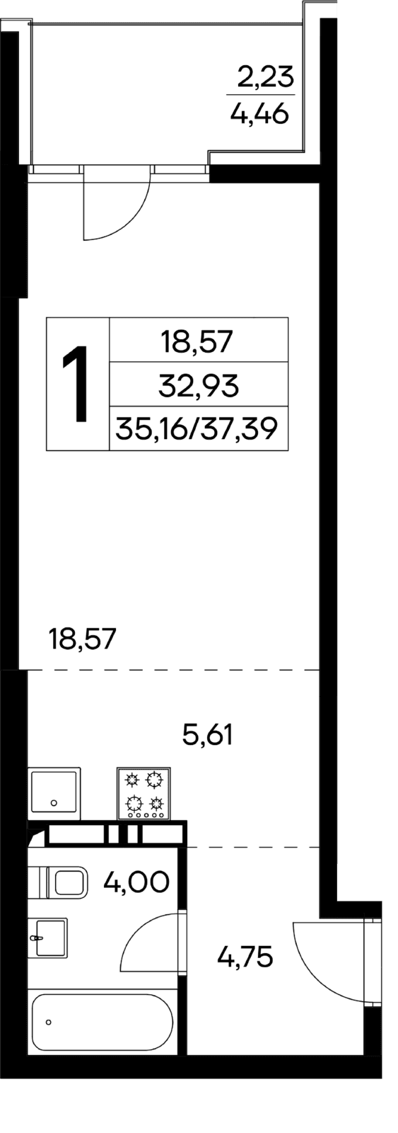 1 комнатная квартира,  37,39 кв.м
