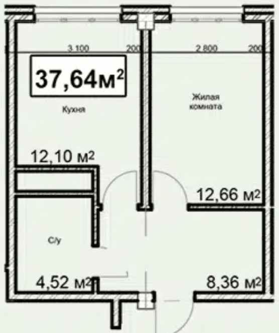 1 комнатная квартира, 37,64 кв.м.