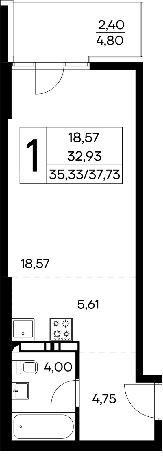 1 комнатная квартира,  37,73 кв.м