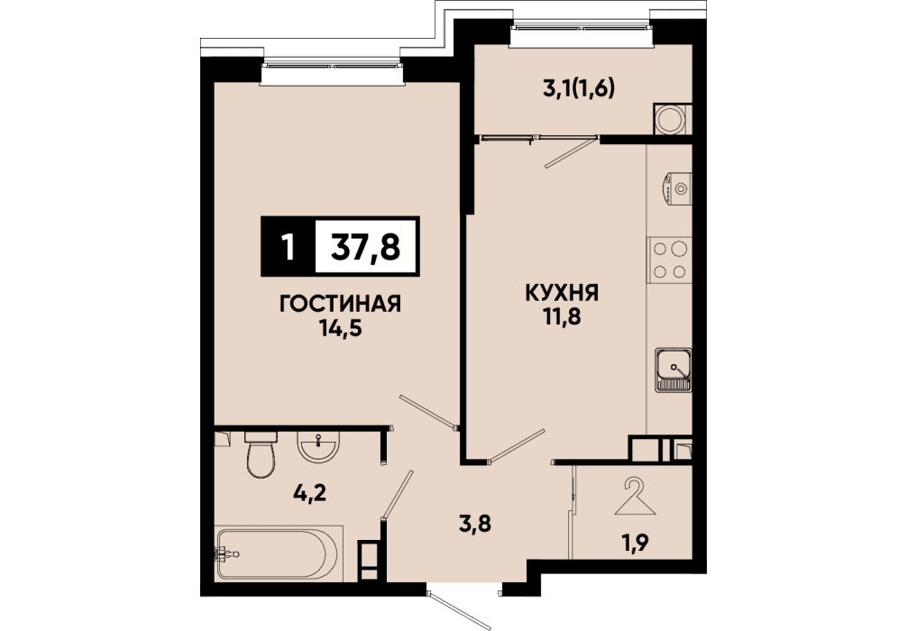 1 комнатная квартира 37,8 кв.м