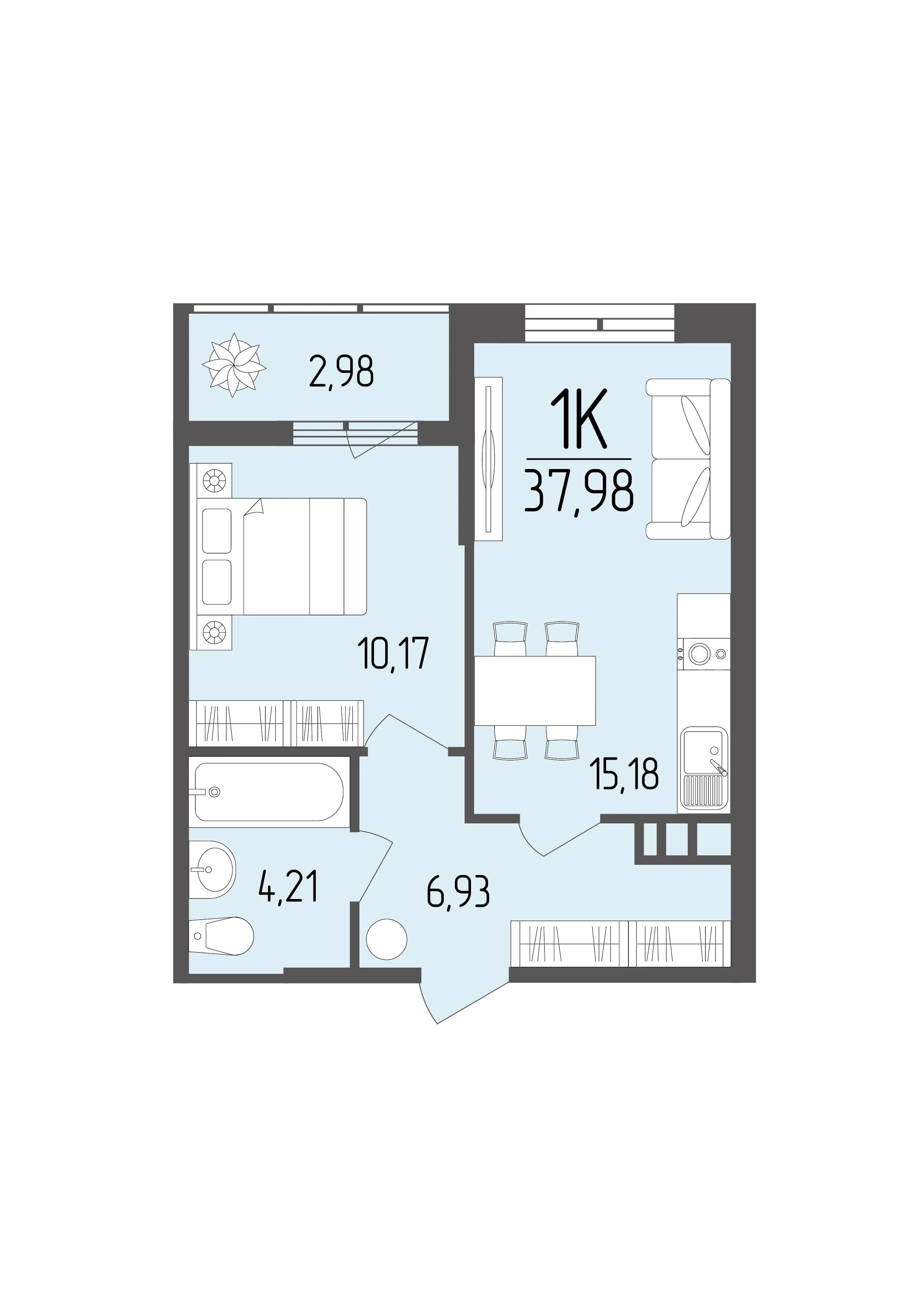 1 комнатная квартира 37,98 кв.м