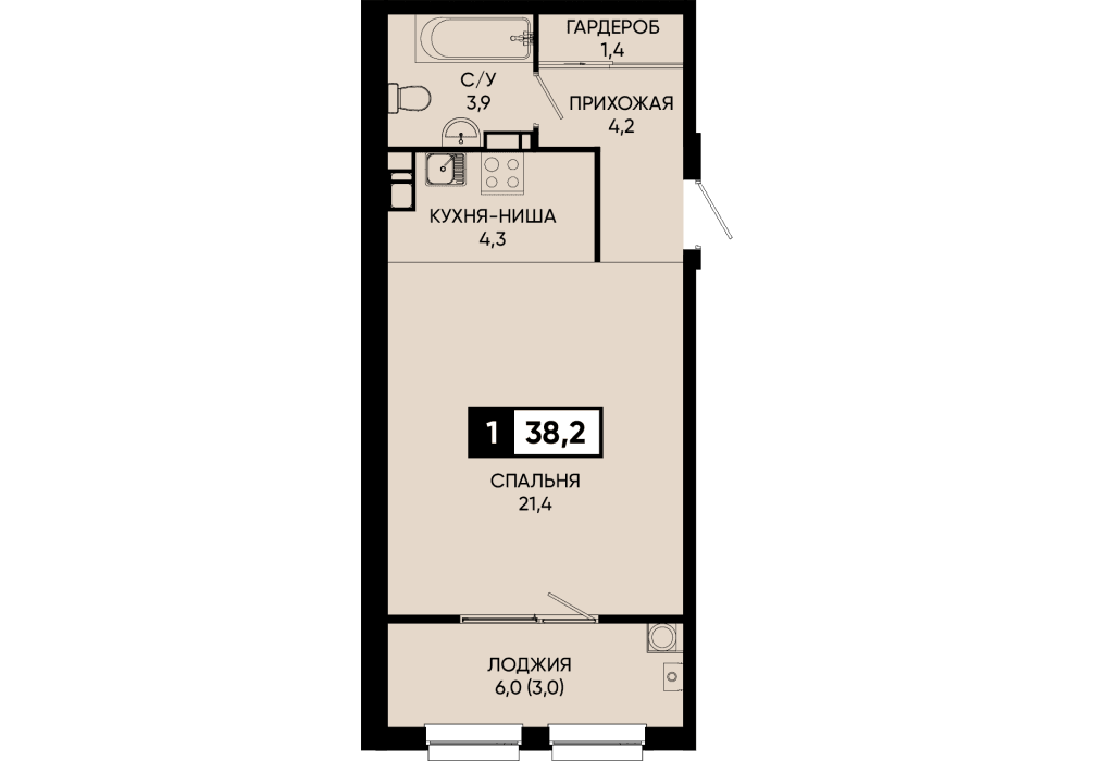 1 комнатная квартира 38,2 кв.м