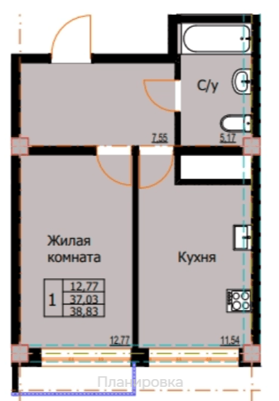 1 комнатная квартира, 38,83 кв.м.