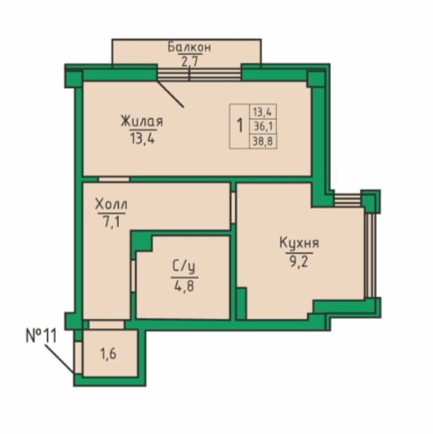 1 комнатная квартира, 38,8 кв.м.