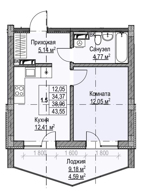 1 комнатная квартира 38,96 кв.м