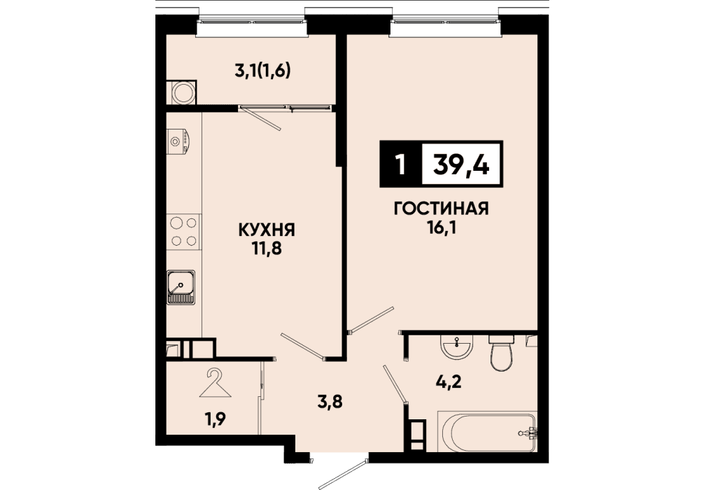 1 комнатная квартира 39,4 кв.м