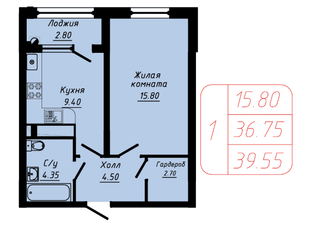 1 комнатная квартира 39,55 кв.м