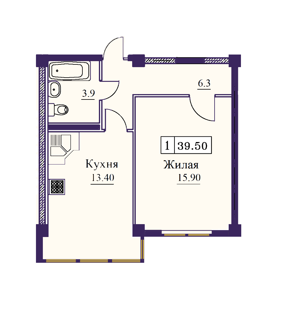 1 комнатная квартира 39,5 кв.м