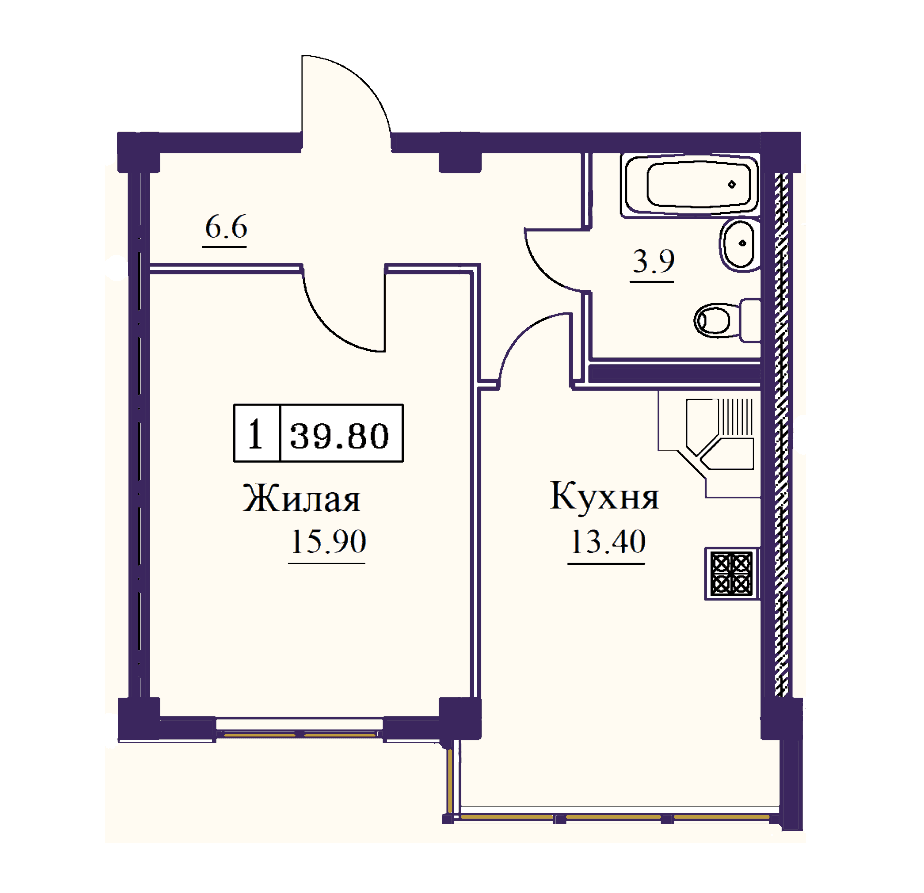 1 комнатная квартира 39,8 кв.м