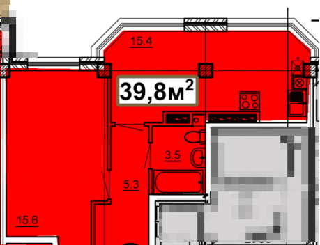 1 комнатная квартира 39,8 кв.м