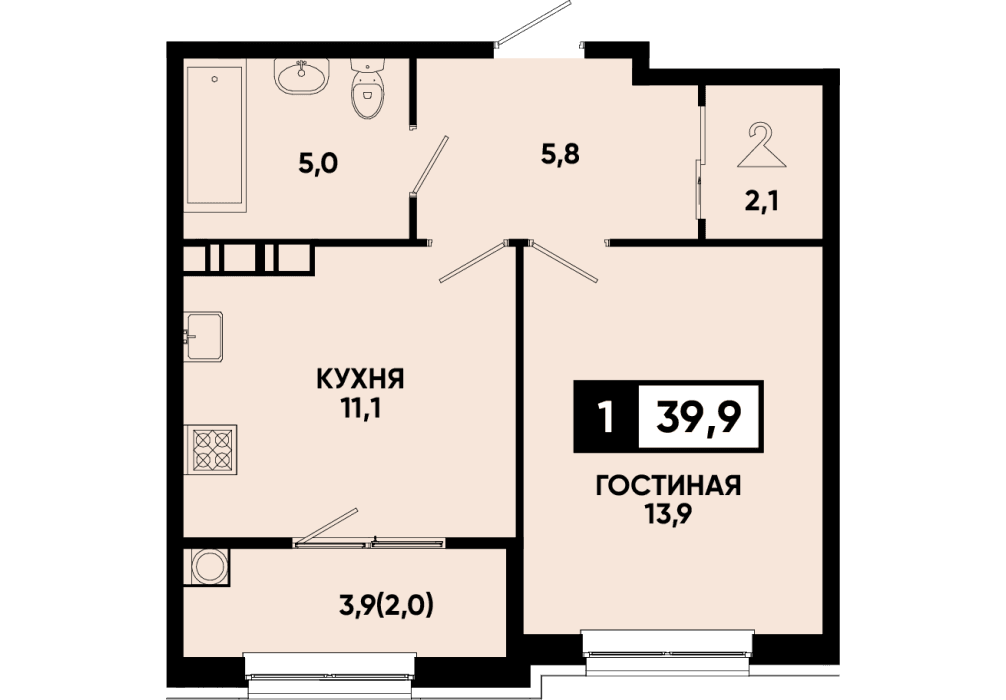 1 комнатная квартира 39,9 кв.м