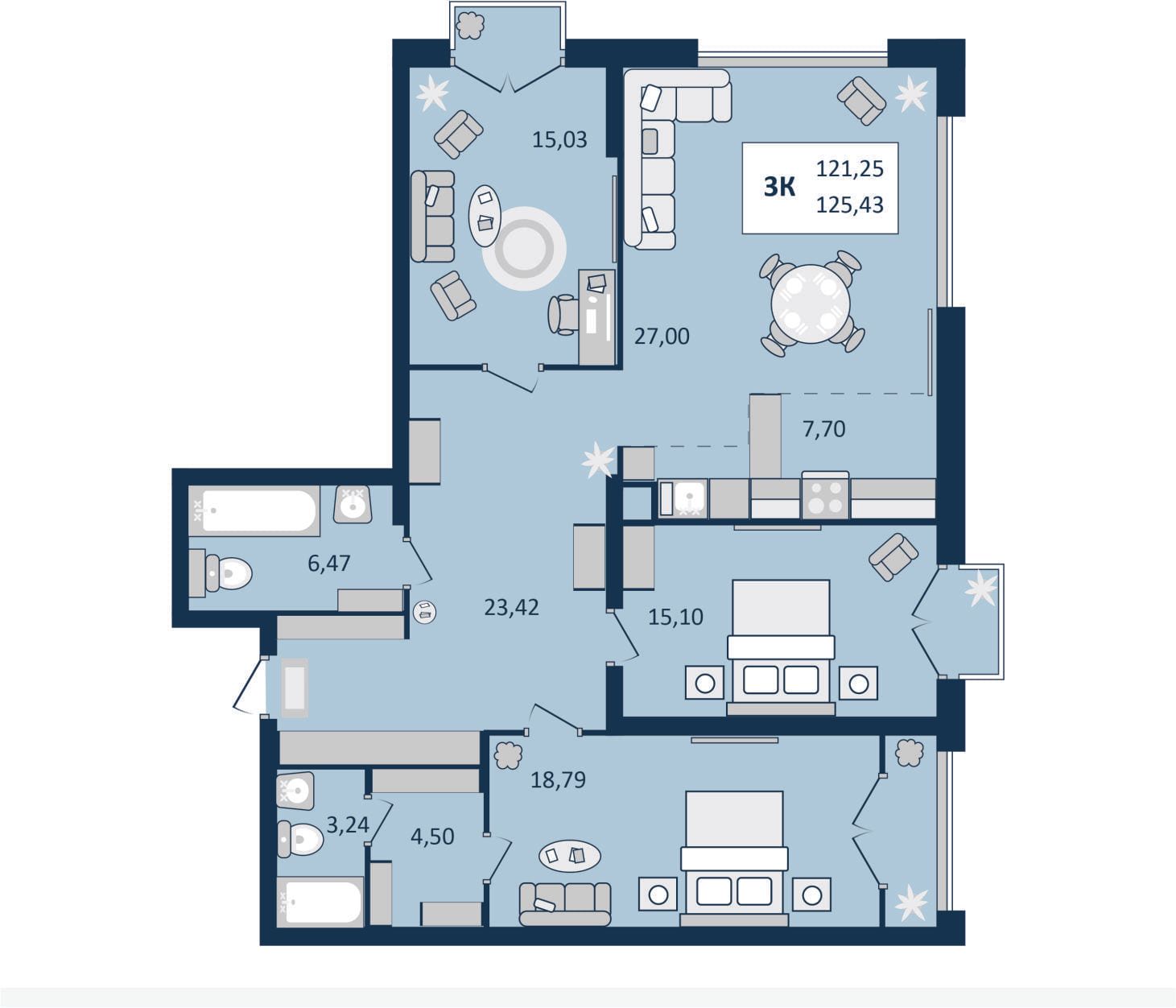 3 комнатная квартира, 125,43 кв.м.