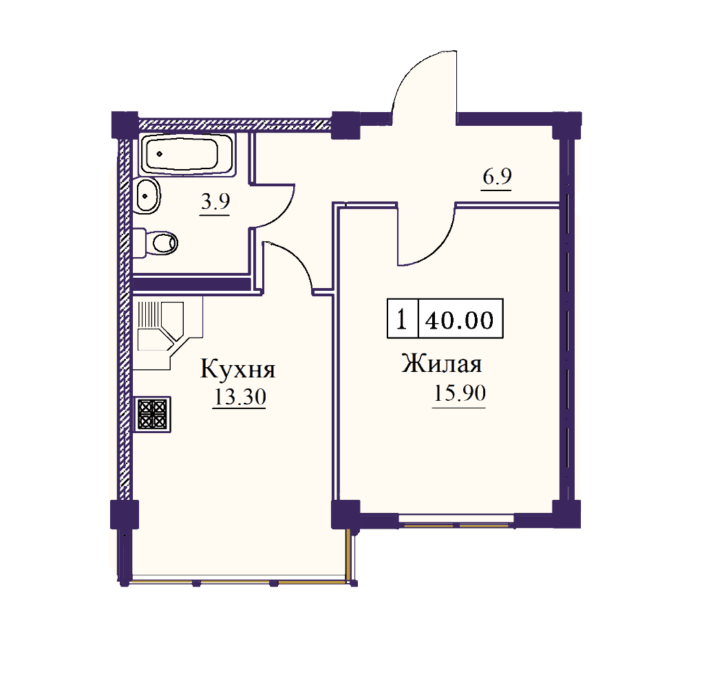 1 комнатная квартира 40 кв.м