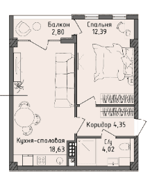 2 комнатная квартира,  40,23 кв.м