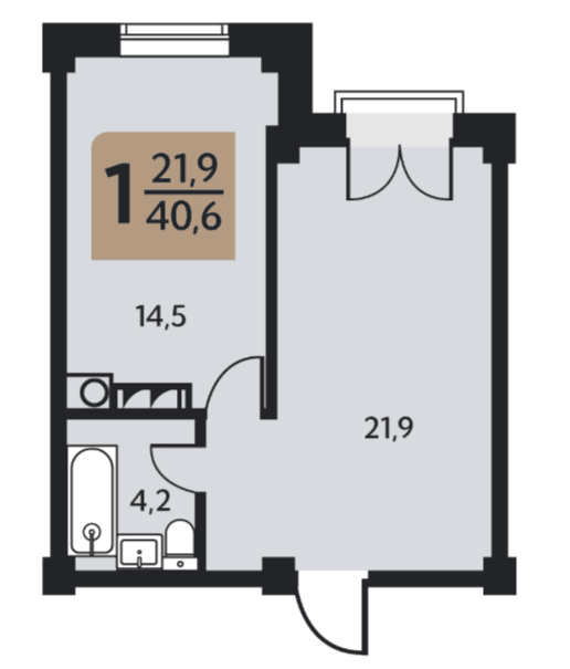 1 комнатная квартира, 40,6 кв.м.