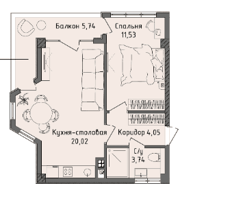 2 комнатная квартира,  41,06 кв.м