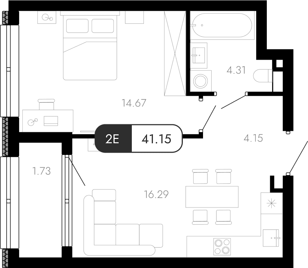 2 комнатная квартира 41,15 кв.м