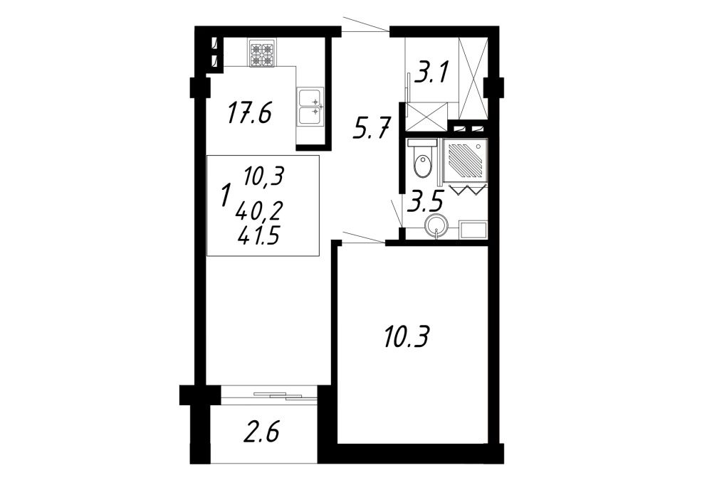 1 комнатная квартира 41,5 кв.м