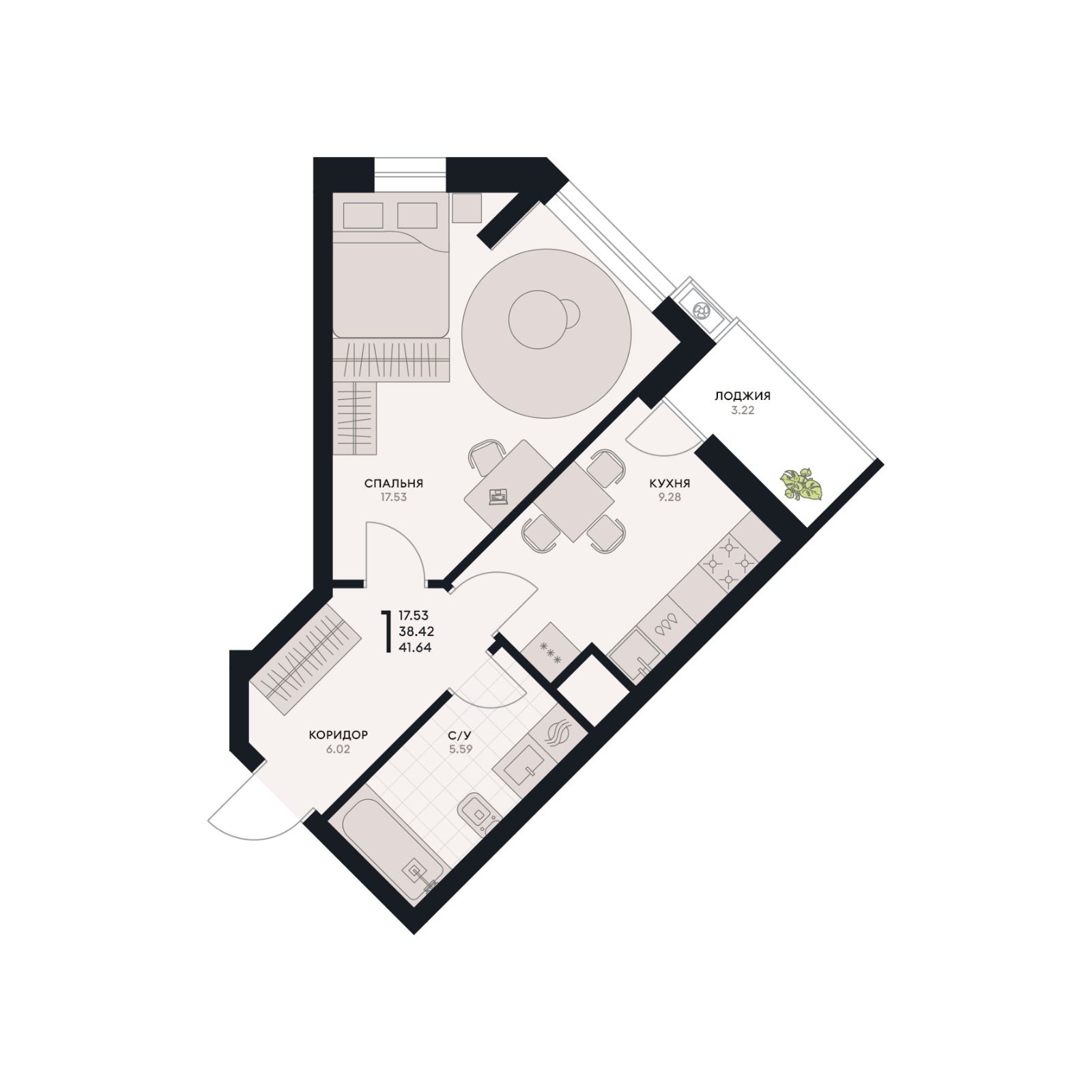 1 комнатная квартира, 41,64 кв.м.