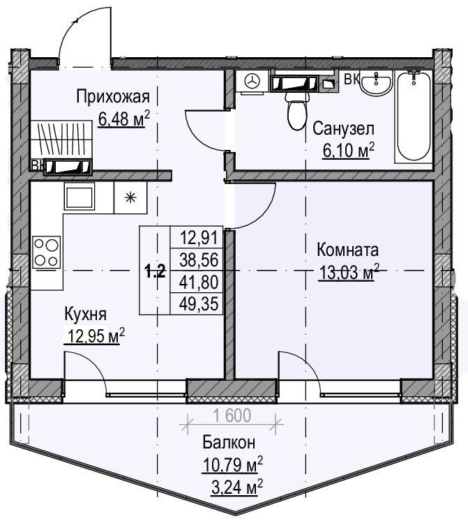 1 комнатная квартира 41,8 кв.м