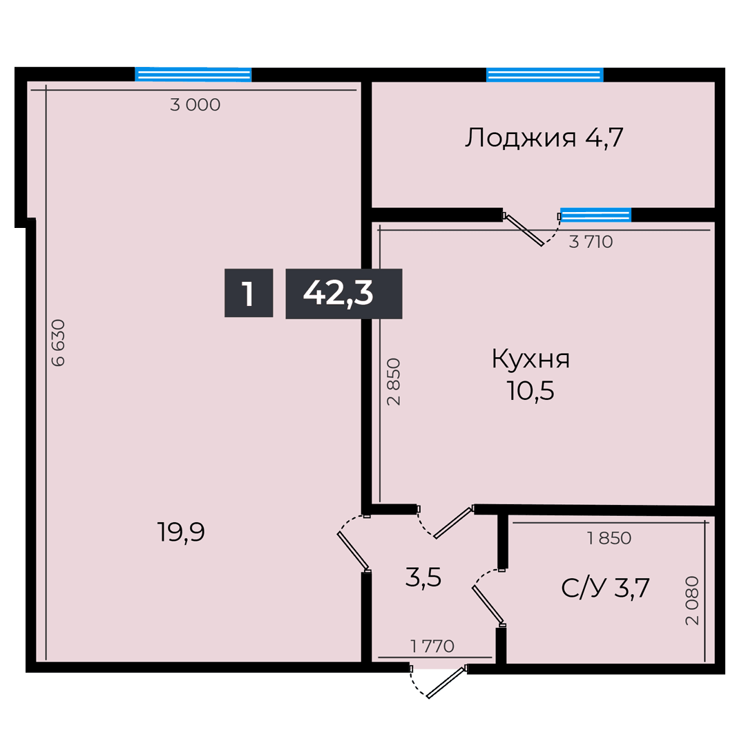 1 комнатная квартира 42,3 кв.м