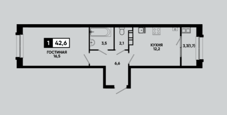 1 комнатная квартира, 42,6 кв.м.