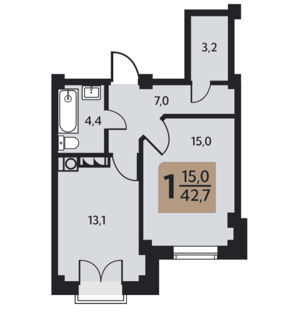 1 комнатная квартира, 42,7 кв.м.