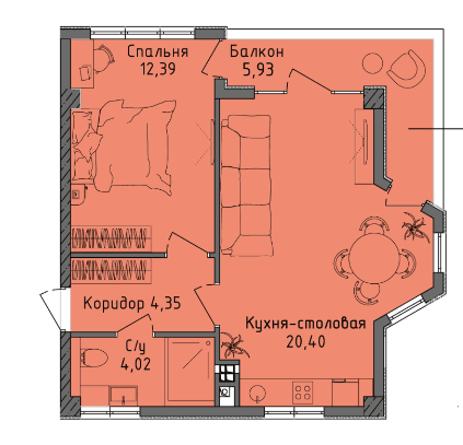 2 комнатная квартира,  42,94 кв.м