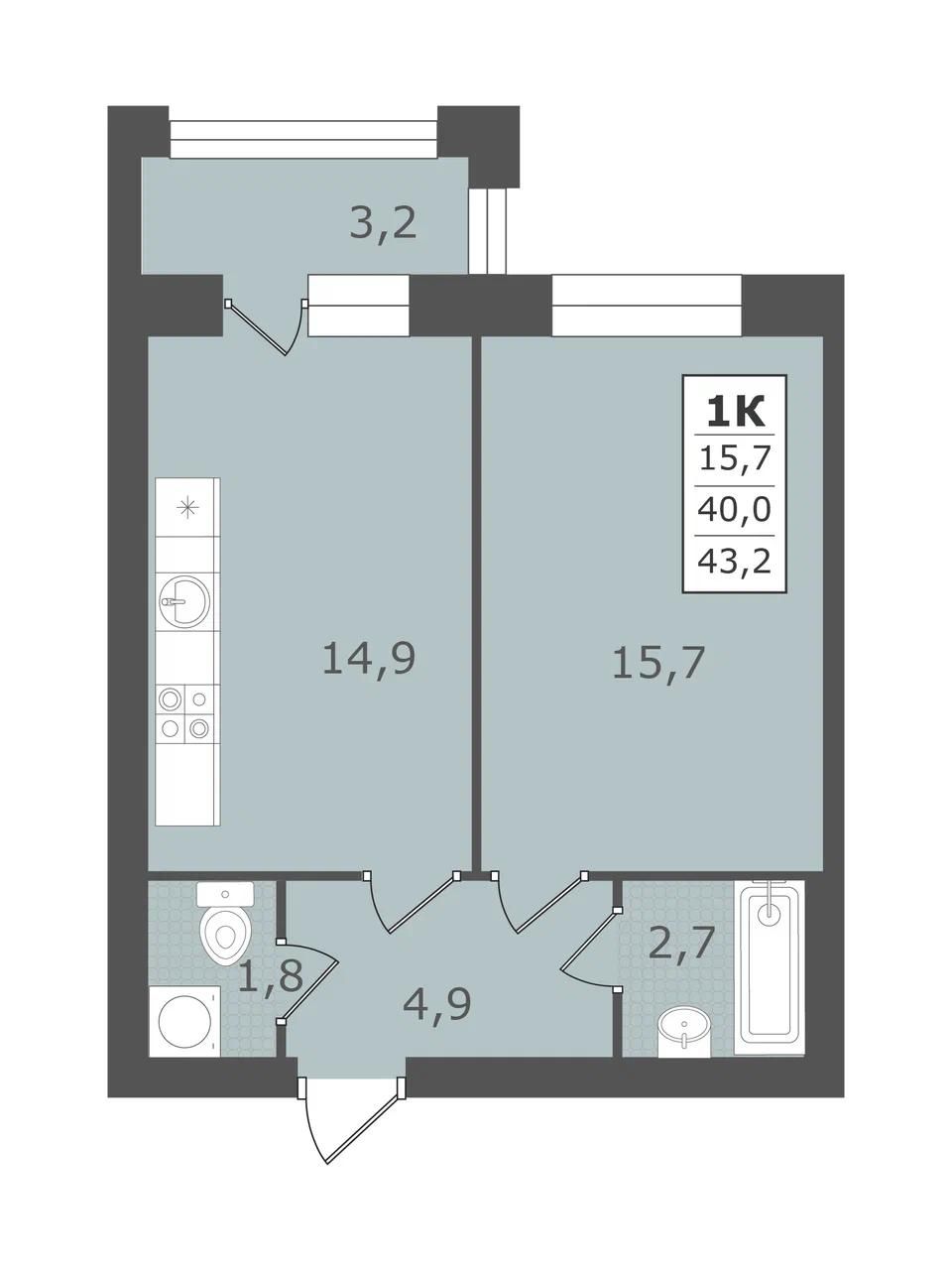 1 комнатная квартира, 43,2 кв.м.