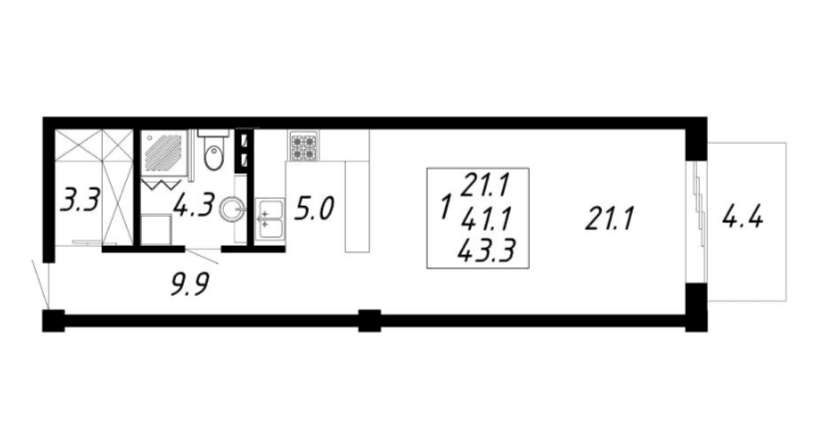 1 комнатная квартира 43,3 кв.м