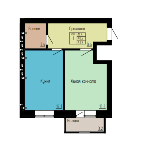 1 комнатная квартира 43,7 кв.м
