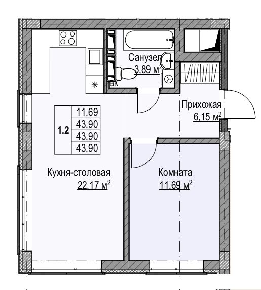 1 комнатная квартира, 43,9 кв.м