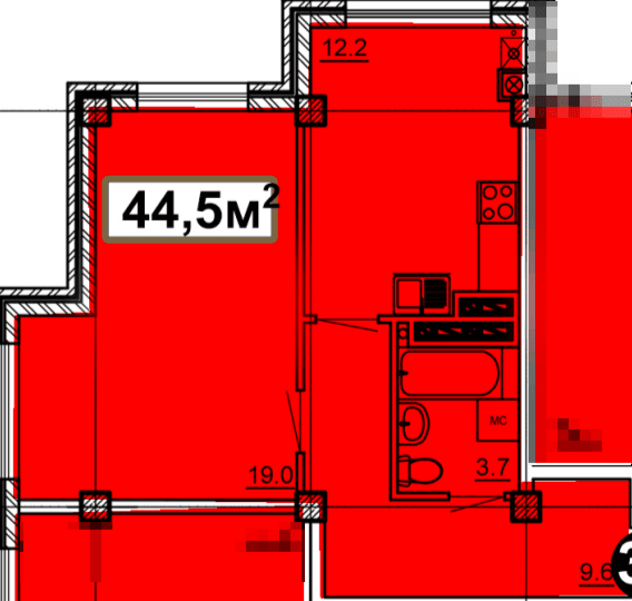 1 комнатная квартира, 44,5 кв.м.