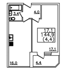 1 комнатная квартира, 44,9 кв.м.