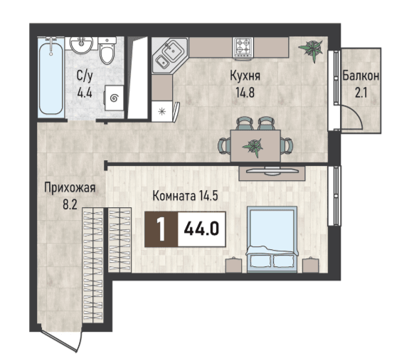 1 комнатная квартира, 44 кв.м.