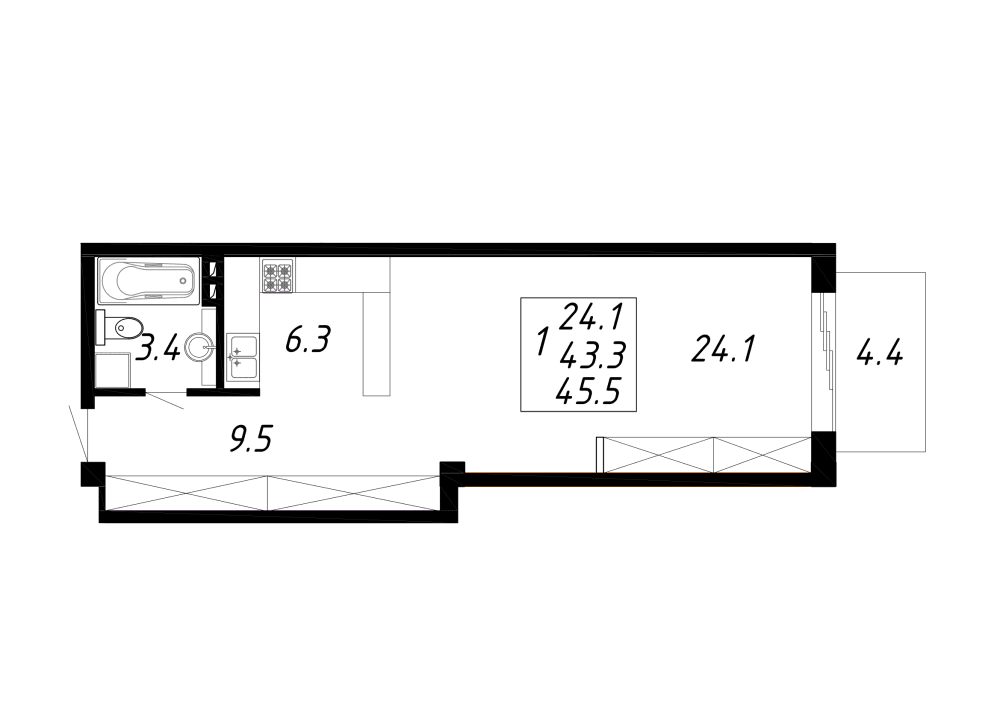 1 комнатная квартира 45,5 кв.м